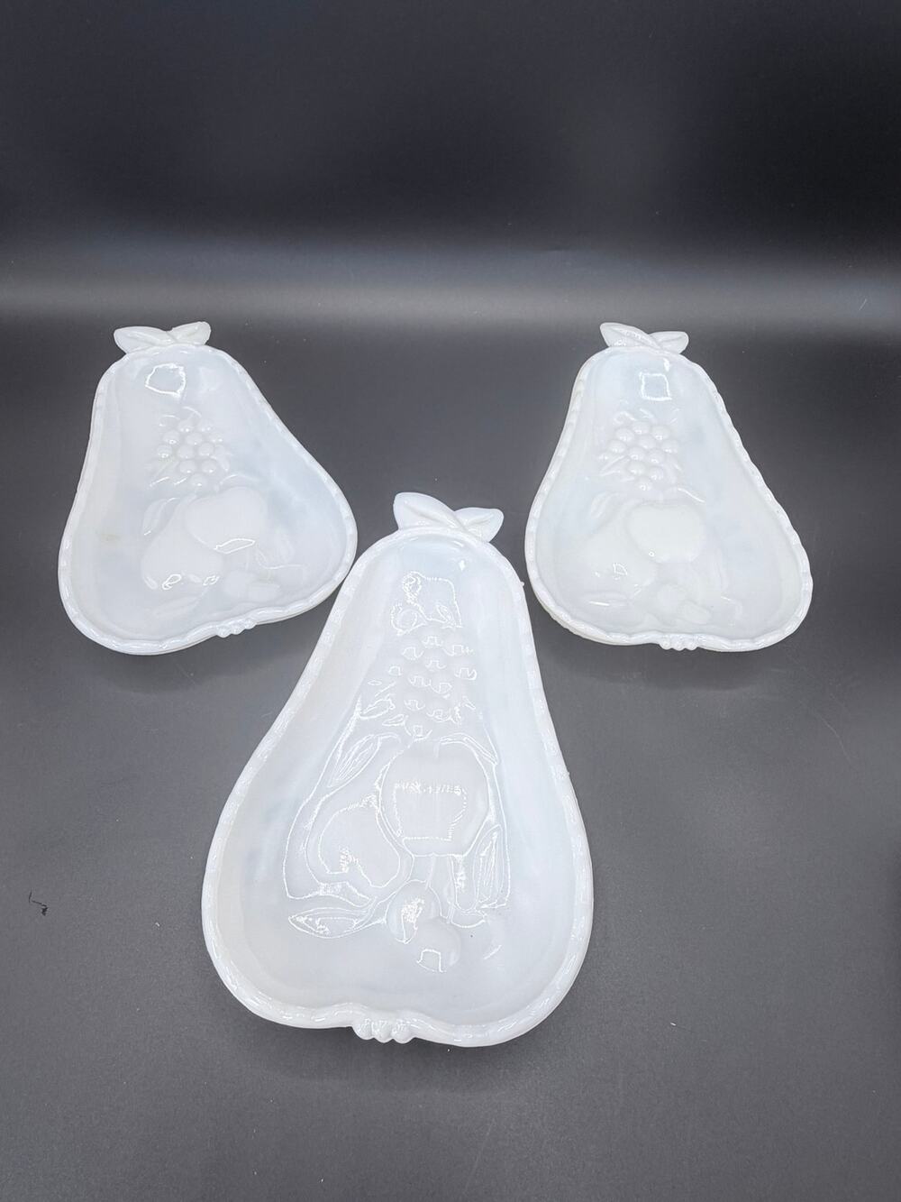 Vintage Hazel Atlas Blossom Milk Glass Pear Relish Dishes Set of 3 8in